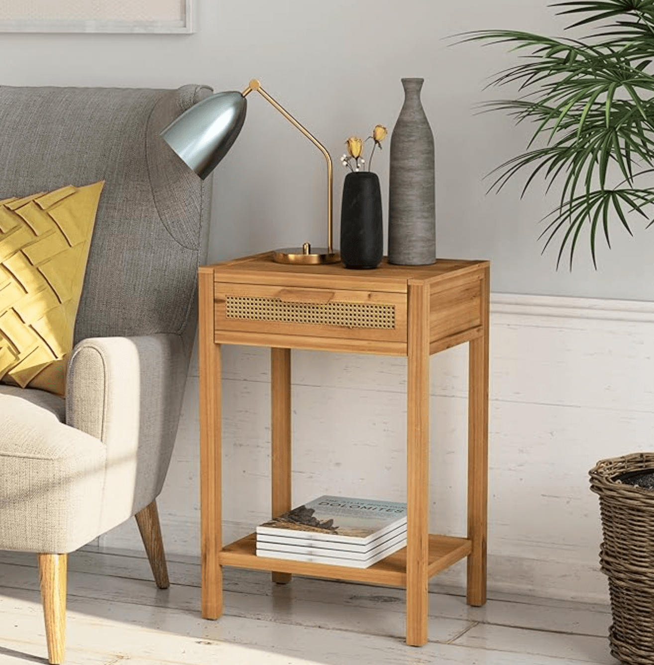 Rustic Farmhouse Nightstand - Modern Minimalist End Table with Woven Drawer, Shelf Storage, Natural Wood Finish