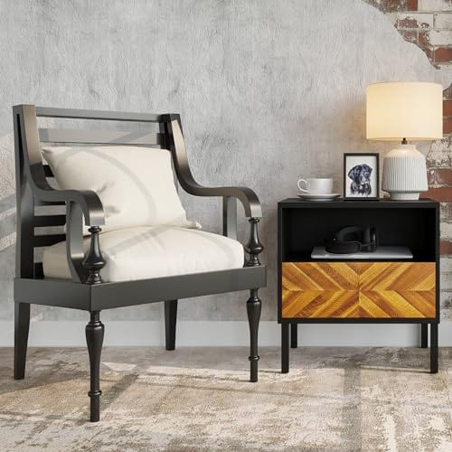 Rustic Golden Brown Nightstand - Vintage Solid Wood and MDF Side Table with Storage Drawer - Mid Century Modern Accent Furniture