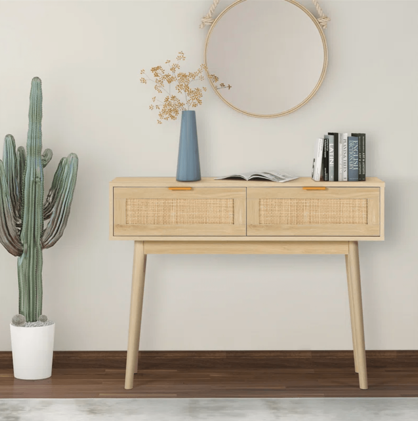 Rustic Natural Console Table with Drawers - Multifunctional Oak Narrow Sofa Table for Hallway and Living Room - Modern and Bohemian Accent Furniture - 39" Long