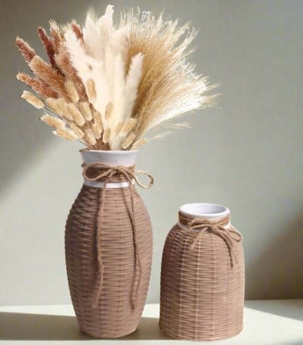 Rustic Rattan Ceramic Vase Set - Aesthetic Boho Home Decor for Flowers, Living Room, and Mantel - Brown, Set of 2, 10