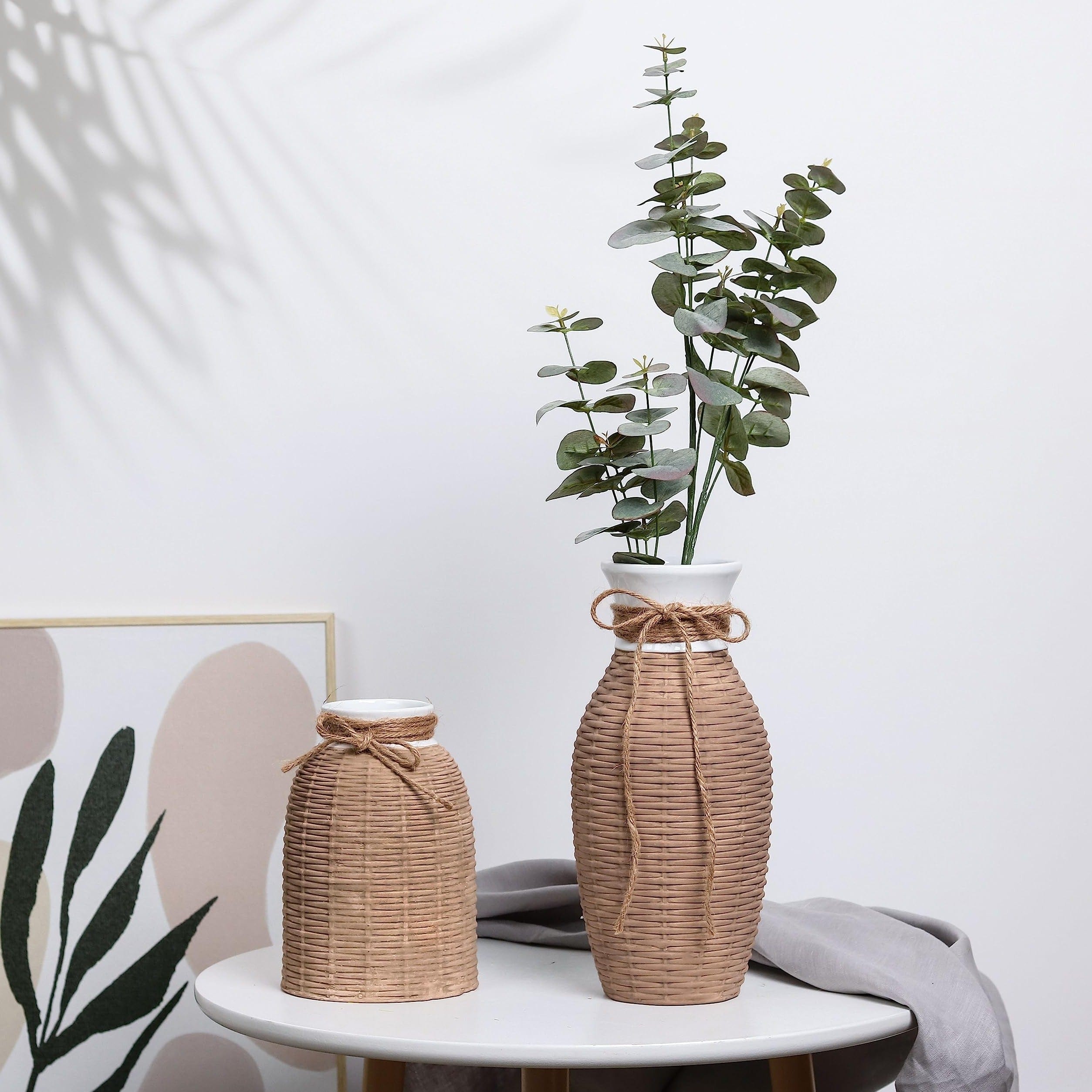 Rustic Rattan Ceramic Vase Set - Aesthetic Boho Home Decor for Flowers, Living Room, and Mantel - Brown, Set of 2, 10