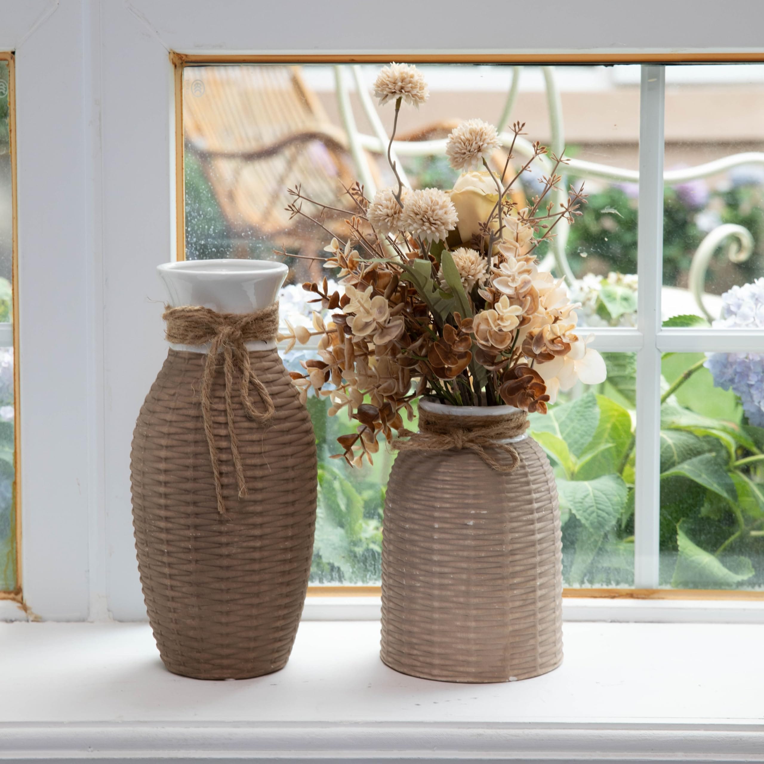 Rustic Rattan Ceramic Vase Set - Aesthetic Boho Home Decor for Flowers, Living Room, and Mantel - Brown, Set of 2, 10