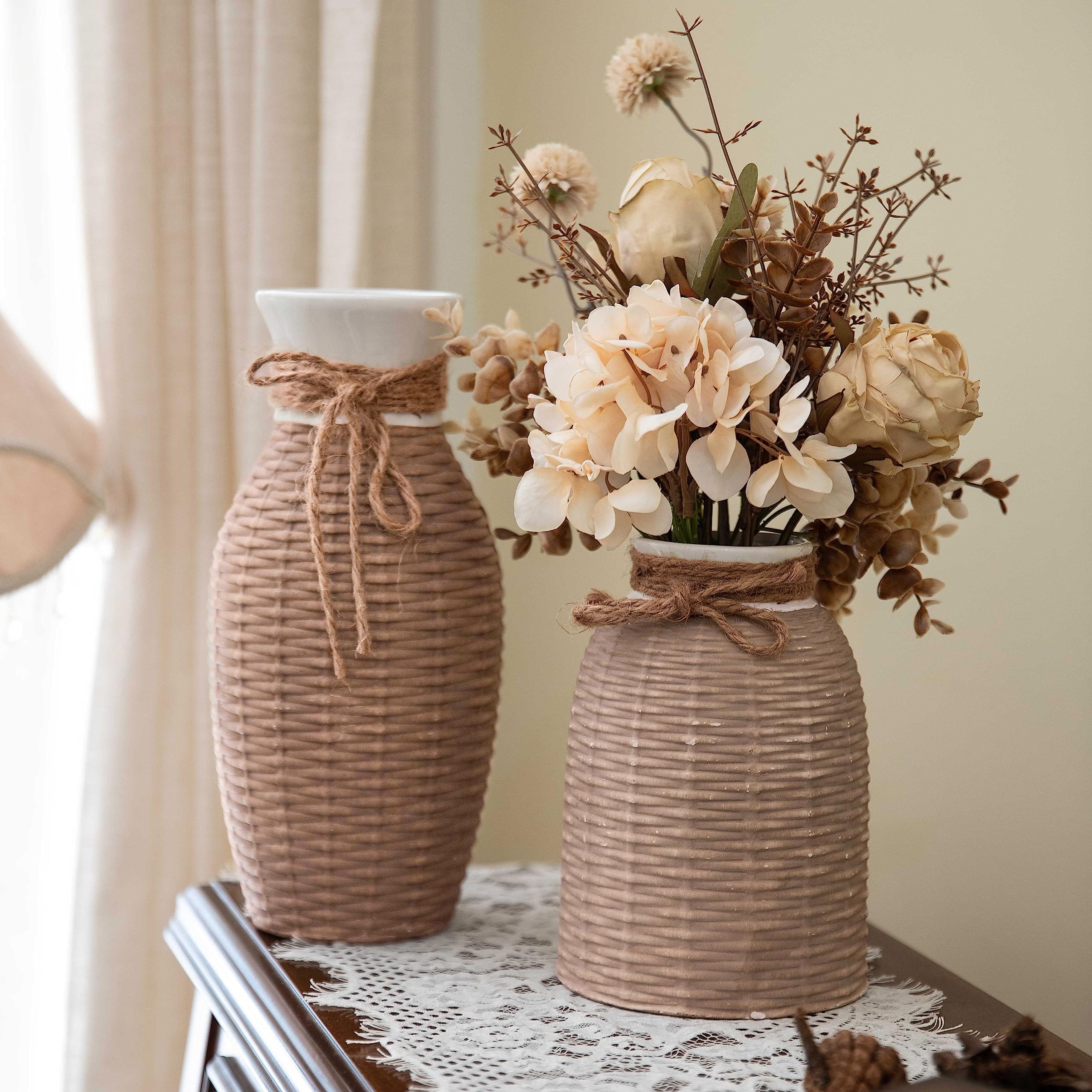 Rustic Rattan Ceramic Vase Set - Aesthetic Boho Home Decor for Flowers, Living Room, and Mantel - Brown, Set of 2, 10