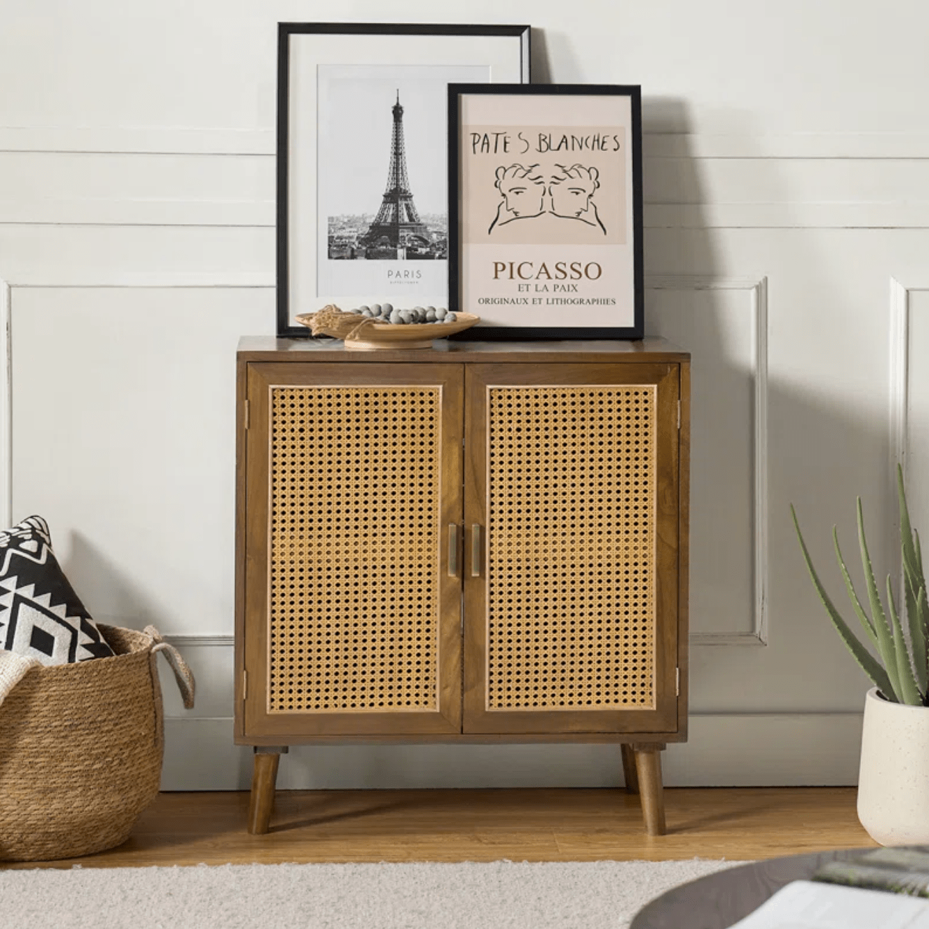 Rustic Rattan Door Accent Cabinet with Solid Wood Legs - 31'' Tall - Natural Storage Solution for Living Room, Entryway, Bedroom Espresso