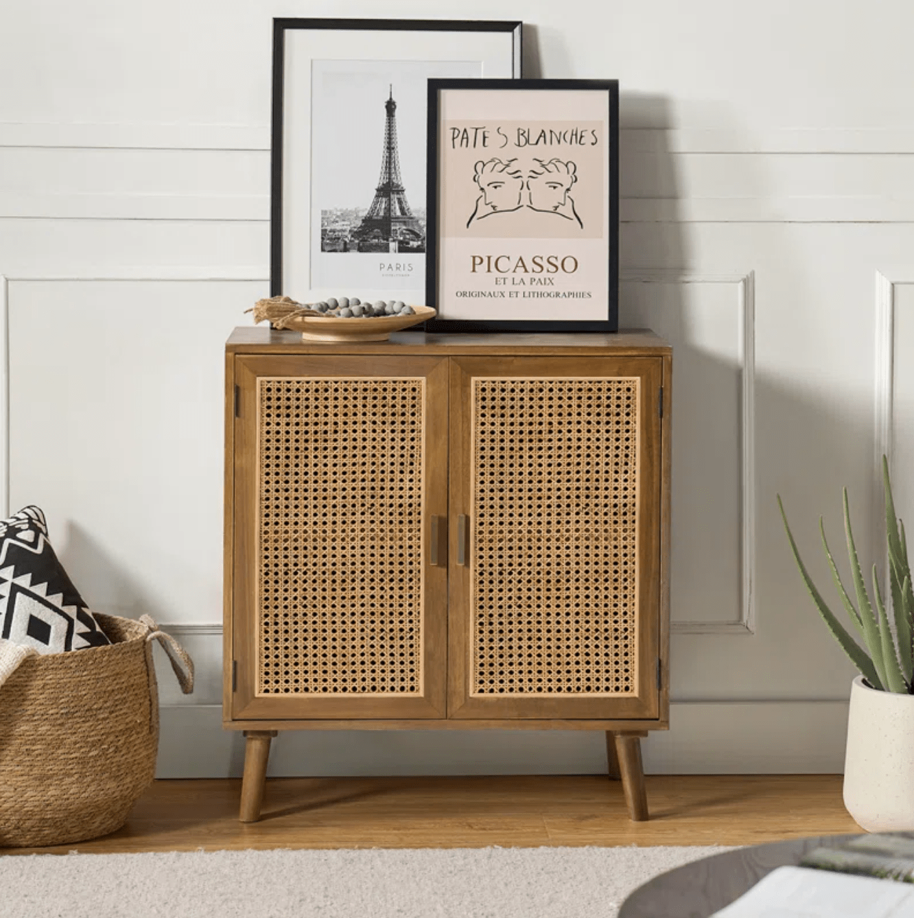 Rustic Rattan Door Accent Cabinet with Solid Wood Legs - 31'' Tall - Natural Storage Solution for Living Room, Entryway, Bedroom Walnut