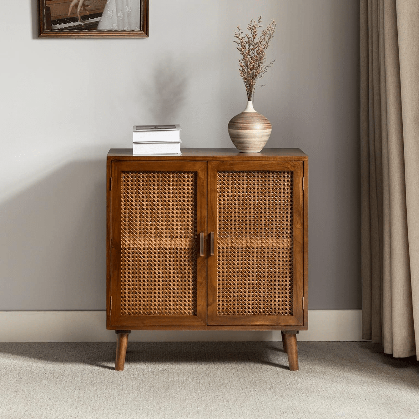 Rustic Rattan Door Accent Cabinet with Solid Wood Legs - 31'' Tall - Natural Storage Solution for Living Room, Entryway, Bedroom Wood-Cherry