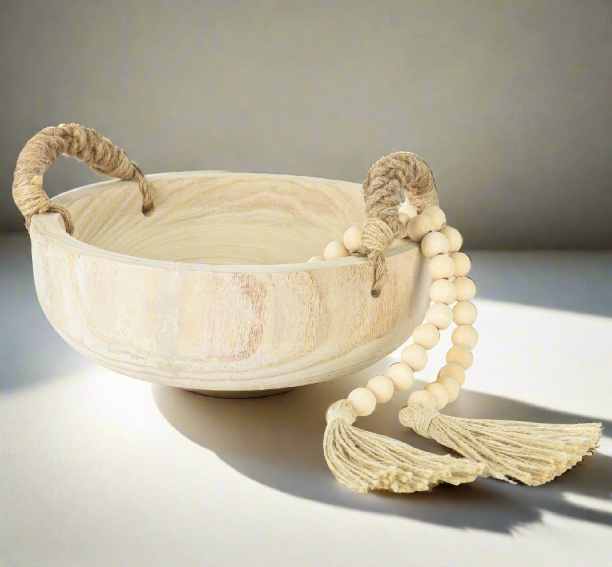 Rustic Wooden Dough Bowl with Rope Handle and Bead Garland – Perfect for Home Decor and Serving