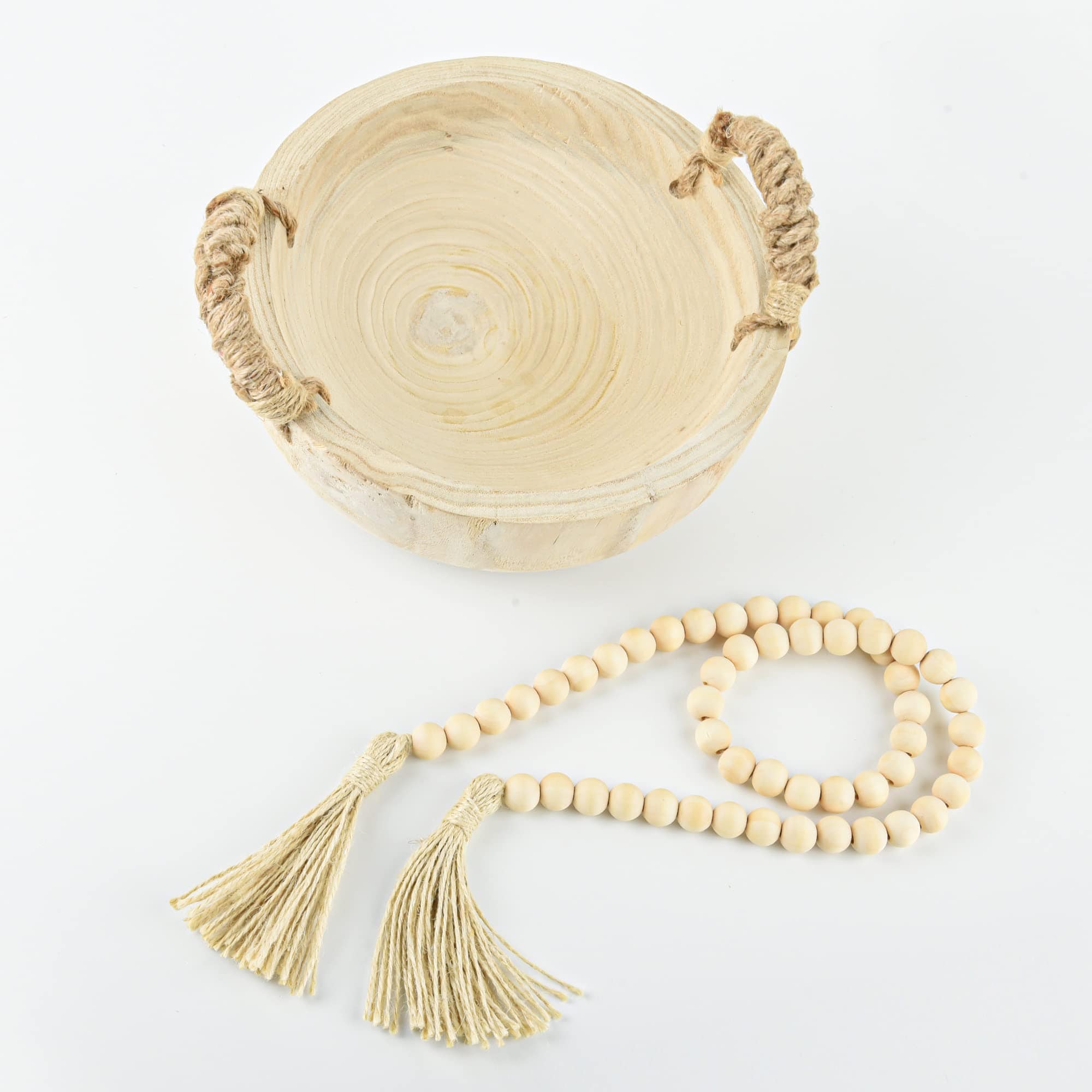 Rustic Wooden Dough Bowl with Rope Handle and Bead Garland – Perfect for Home Decor and Serving