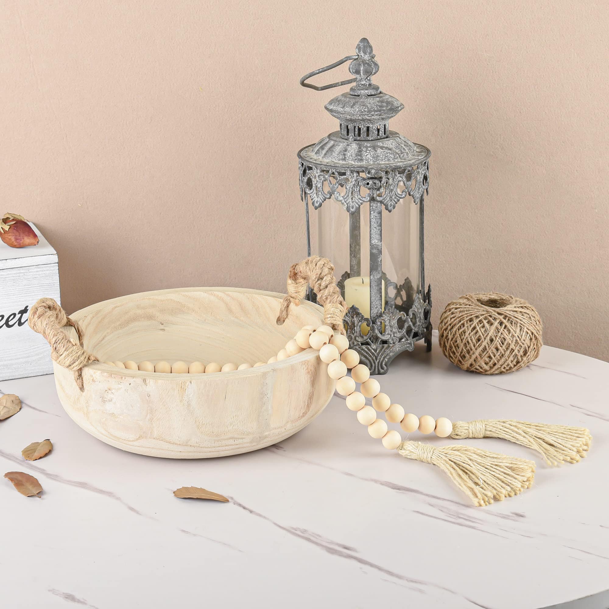 Rustic Wooden Dough Bowl with Rope Handle and Bead Garland – Perfect for Home Decor and Serving