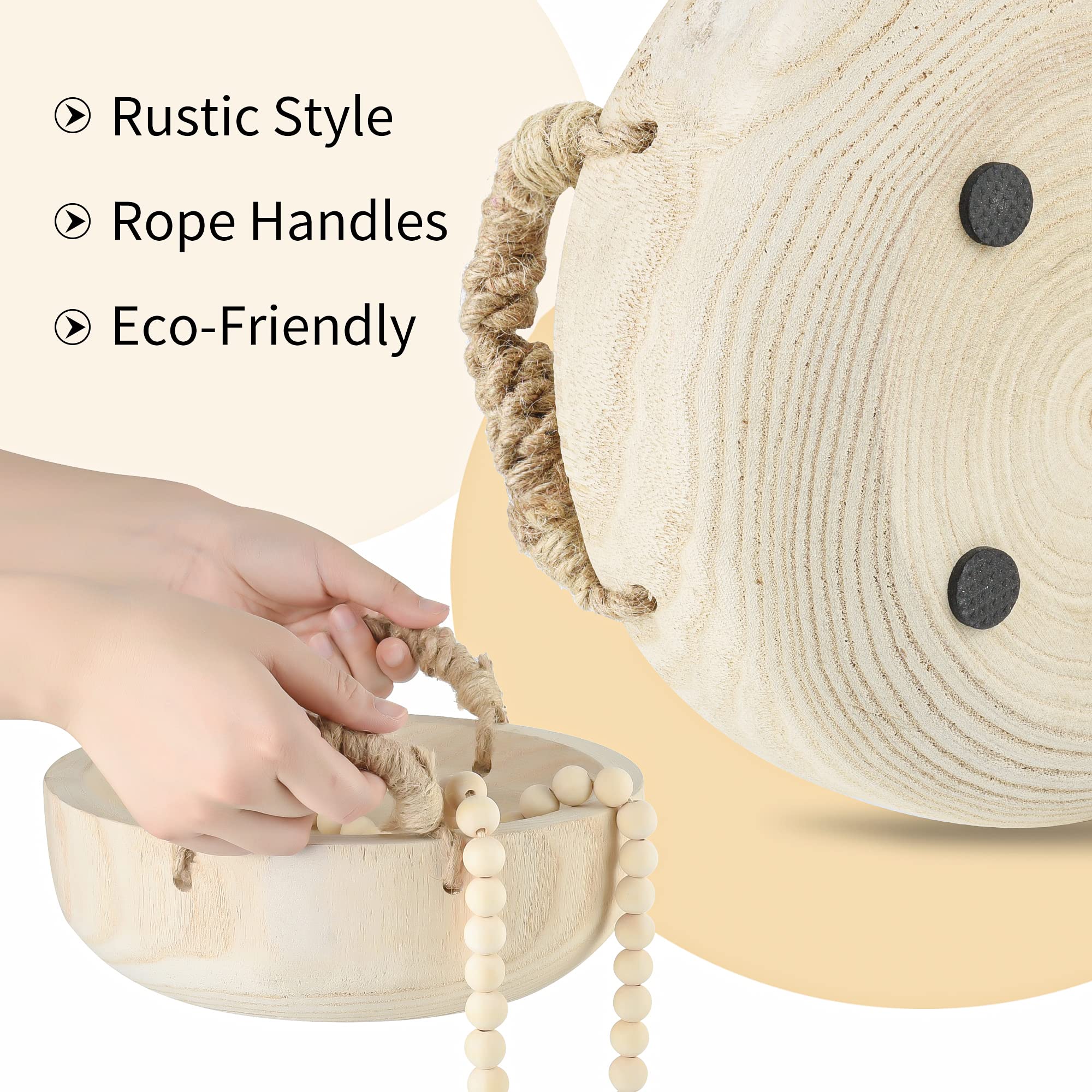 Rustic Wooden Dough Bowl with Rope Handle and Bead Garland – Perfect for Home Decor and Serving