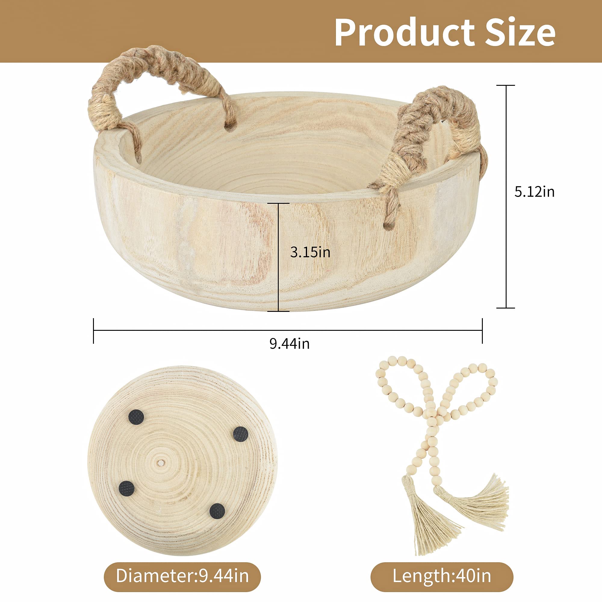 Rustic Wooden Dough Bowl with Rope Handle and Bead Garland – Perfect for Home Decor and Serving