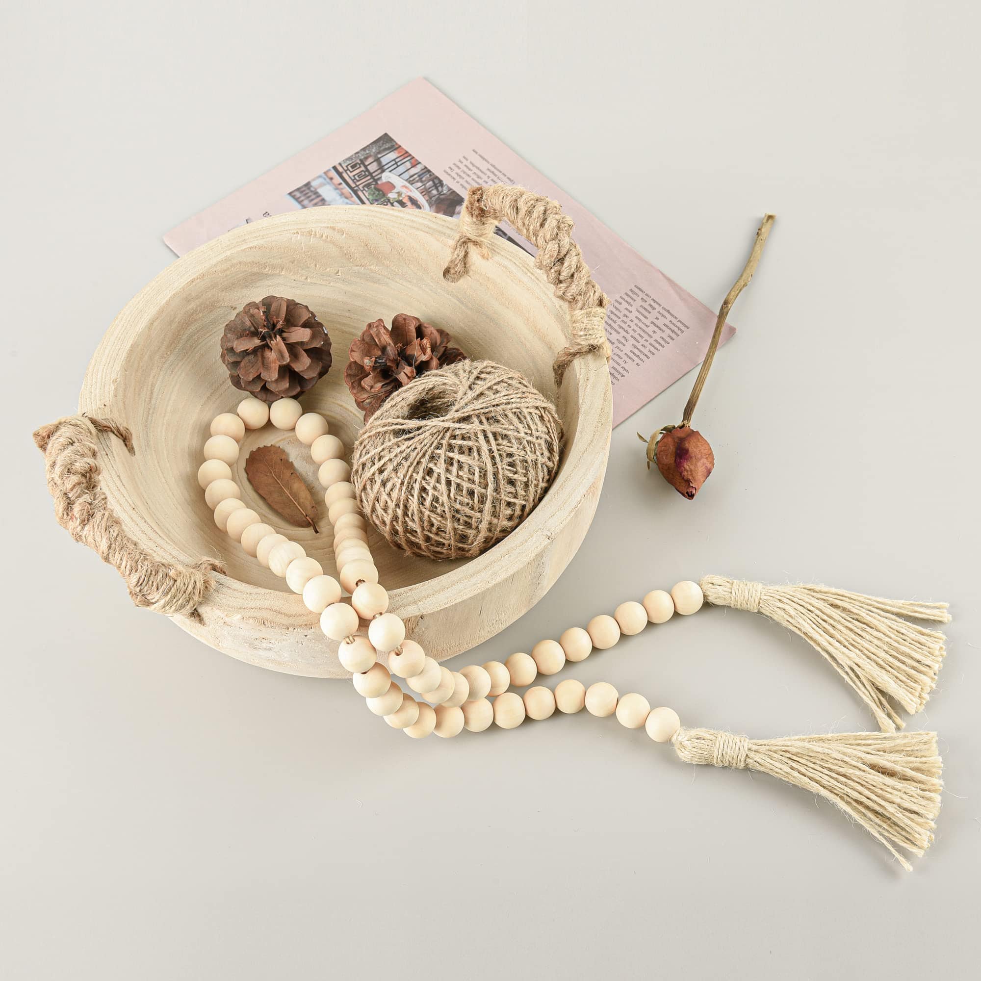 Rustic Wooden Dough Bowl with Rope Handle and Bead Garland – Perfect for Home Decor and Serving