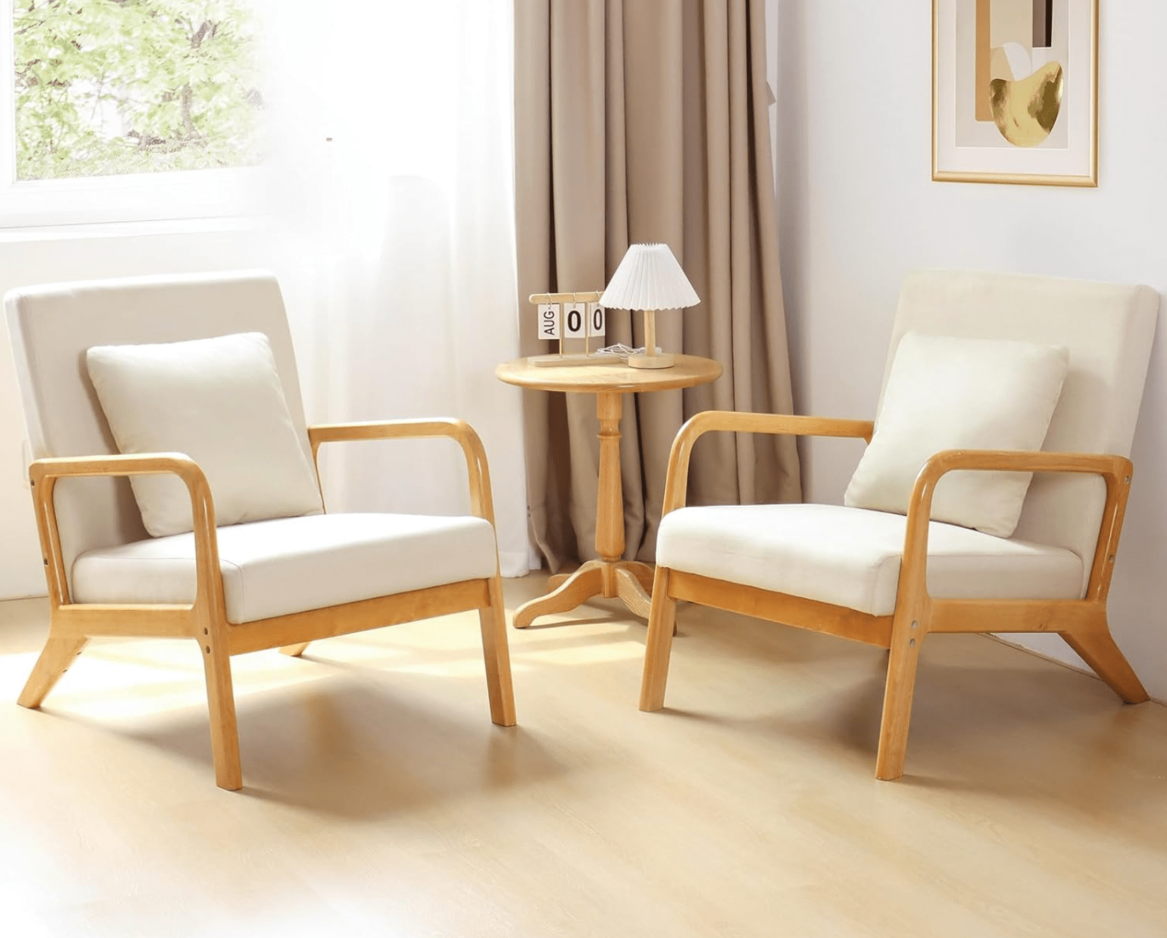 Set of 2 Accent Chair with Arms and Cushioned Seat, Sturdy Wood Frame, for Living Room, Bedroom, Office - Beige