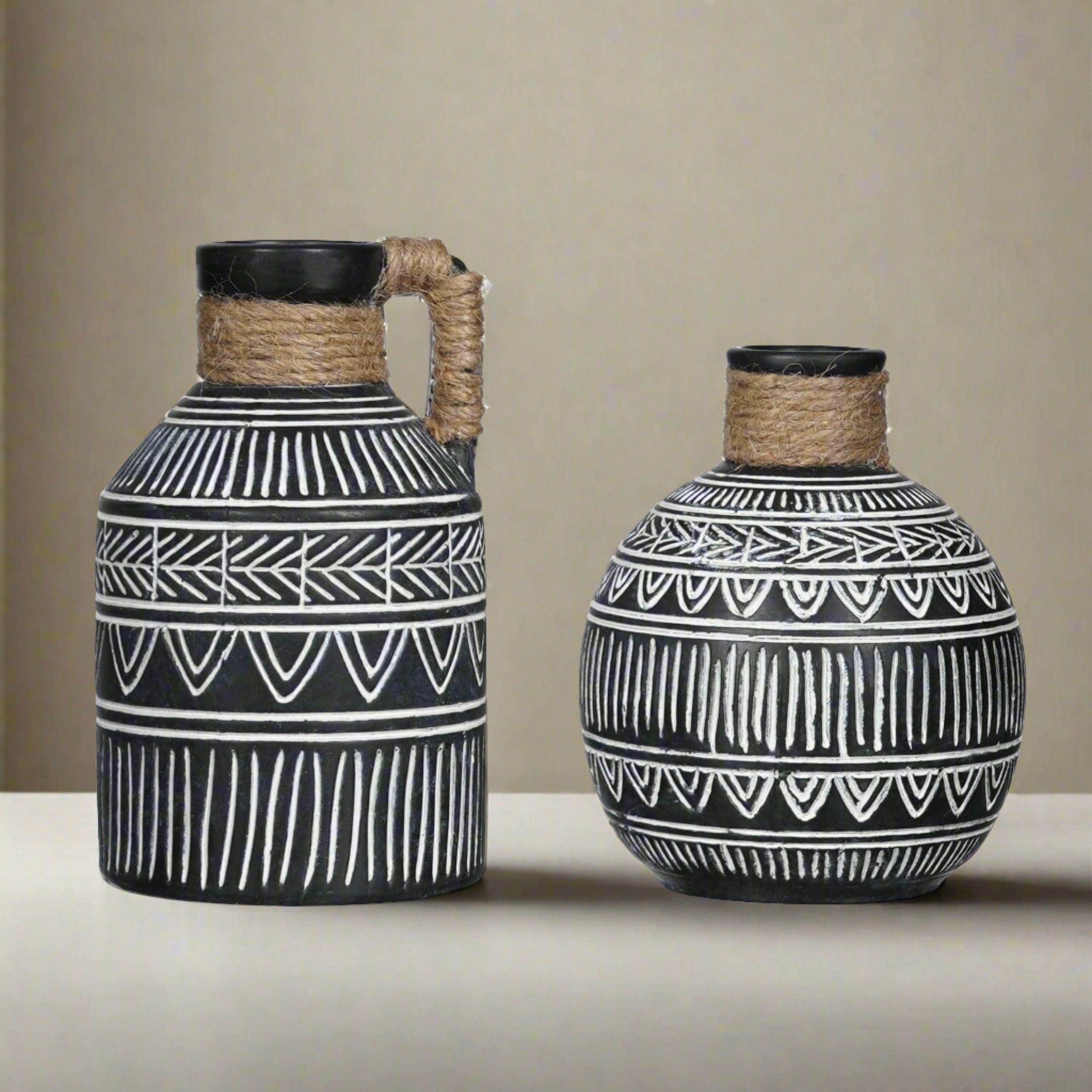 Set of 2 Black and White Boho Terracotta Vases – Perfect for Pampas Grass, Mantel, and Home Decor