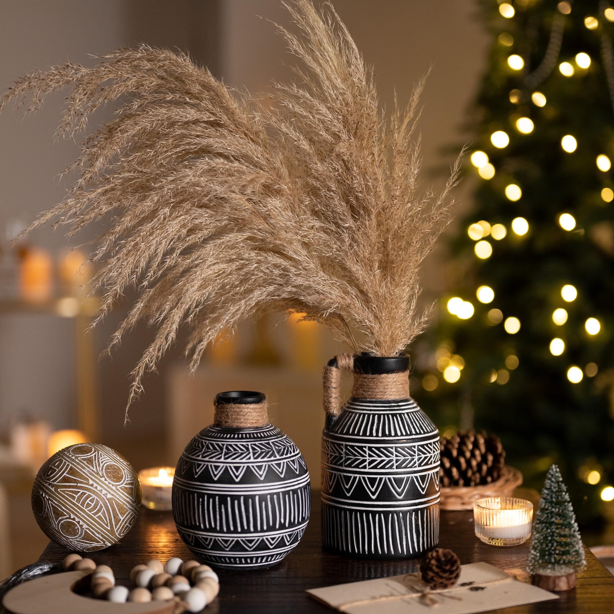 Set of 2 Black and White Boho Terracotta Vases – Perfect for Pampas Grass, Mantel, and Home Decor