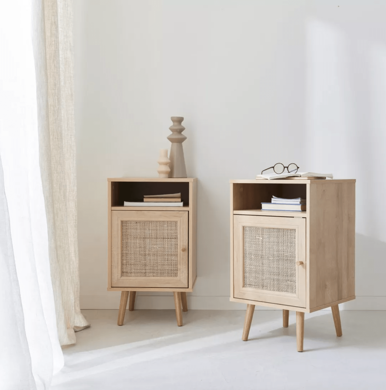 Set of 2 Boho Rattan Nightstand with Drawers - Modern Bedside Table with Ample Storage - Natural Rattan Finish