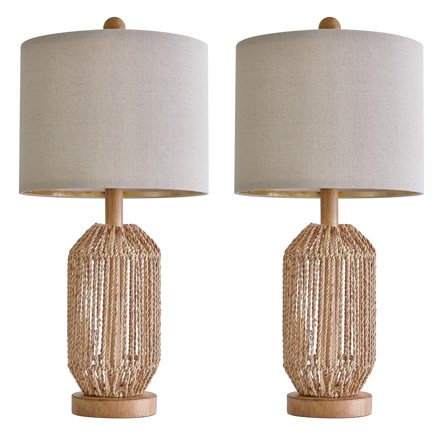 Set of 2 Boho Table Lamps for Living Room and Bedroom | Rattan Farmhouse Bedside Lamps with Linen Shades | Rustic Retro Brown Nightstand Lamps for End Table Decor