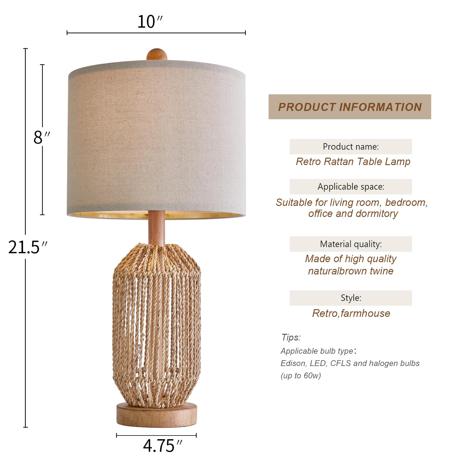 Set of 2 Boho Table Lamps for Living Room and Bedroom | Rattan Farmhouse Bedside Lamps with Linen Shades | Rustic Retro Brown Nightstand Lamps for End Table Decor