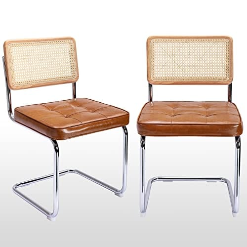 Set of 2 Modern Tufted Faux Leather Dining Chairs with Rattan Mesh Back and Chrome Legs - Brown