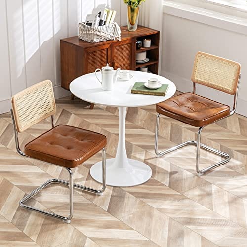 Set of 2 Modern Tufted Faux Leather Dining Chairs with Rattan Mesh Back and Chrome Legs - Brown