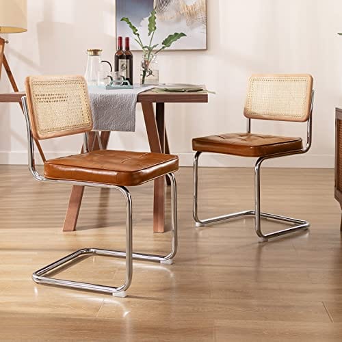 Set of 2 Modern Tufted Faux Leather Dining Chairs with Rattan Mesh Back and Chrome Legs - Brown