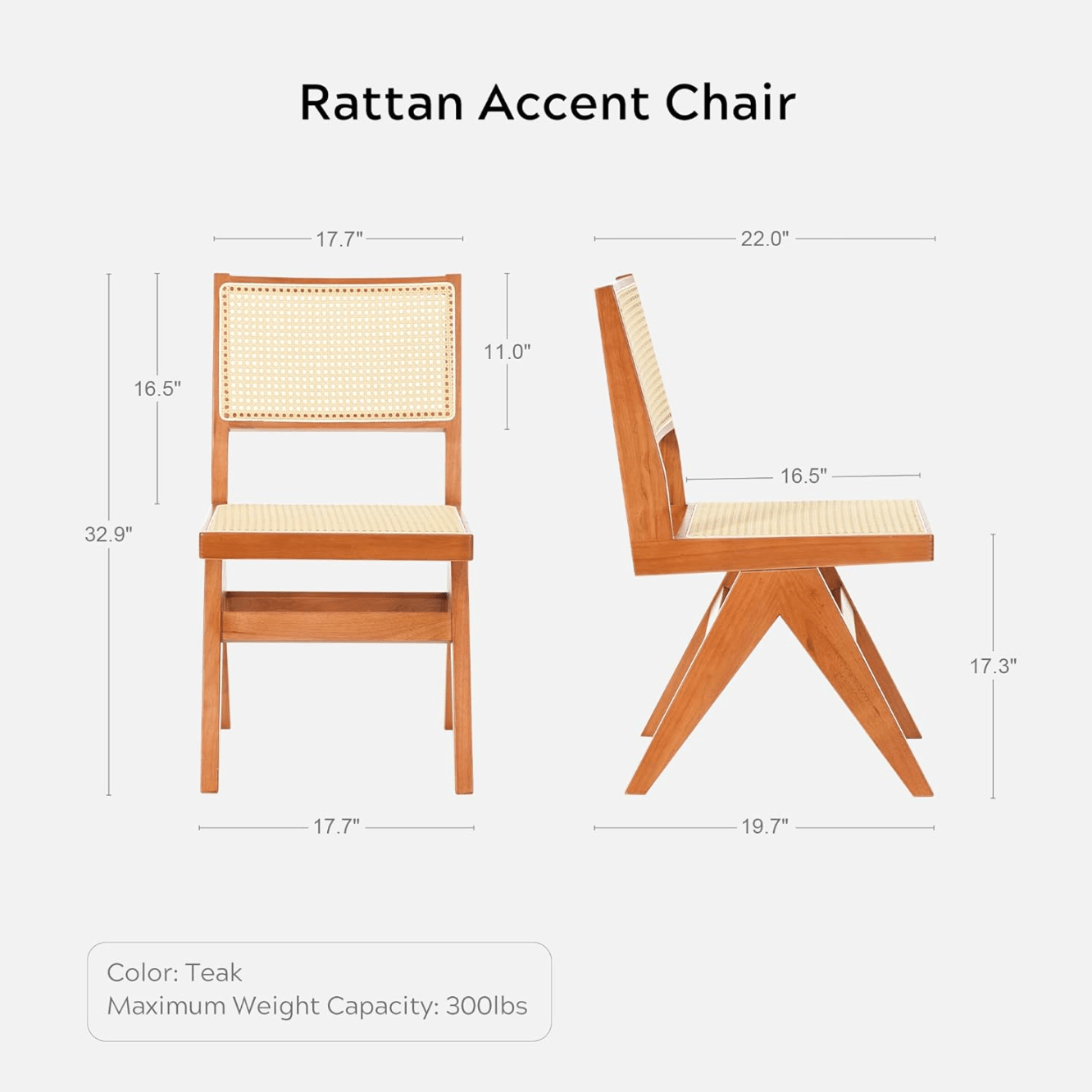 Set of 2 Rattan Chairs - Mid Century Modern Cane Dining Chairs for Living Room, Kitchen, Dining Room, and More