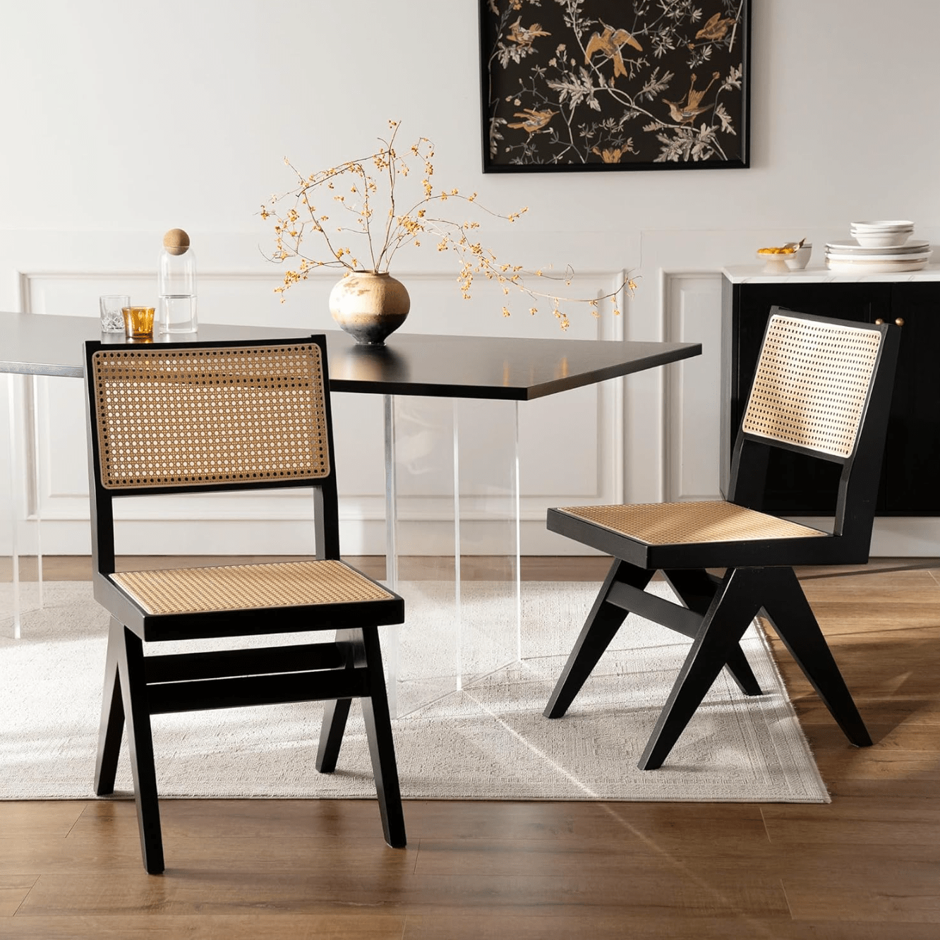 Set of 2 Rattan Chairs - Mid Century Modern Cane Dining Chairs for Living Room, Kitchen, Dining Room, and More Black