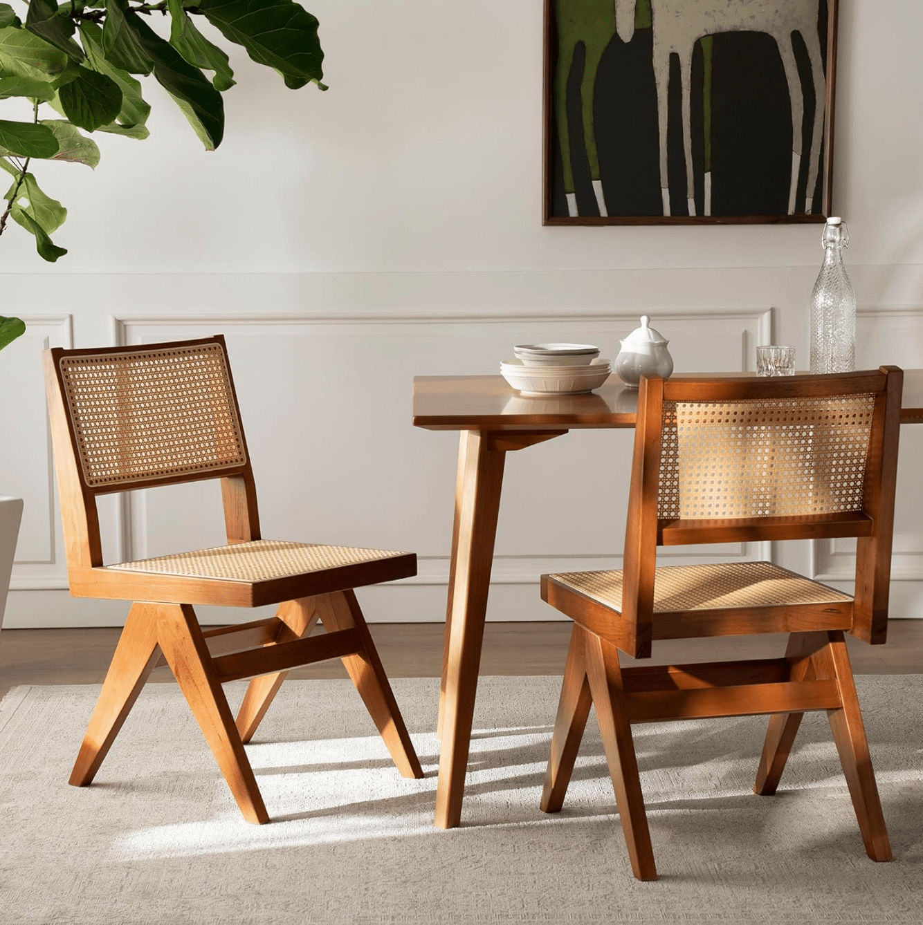 Set of 2 Rattan Chairs - Mid Century Modern Cane Dining Chairs for Living Room, Kitchen, Dining Room, and More Teak