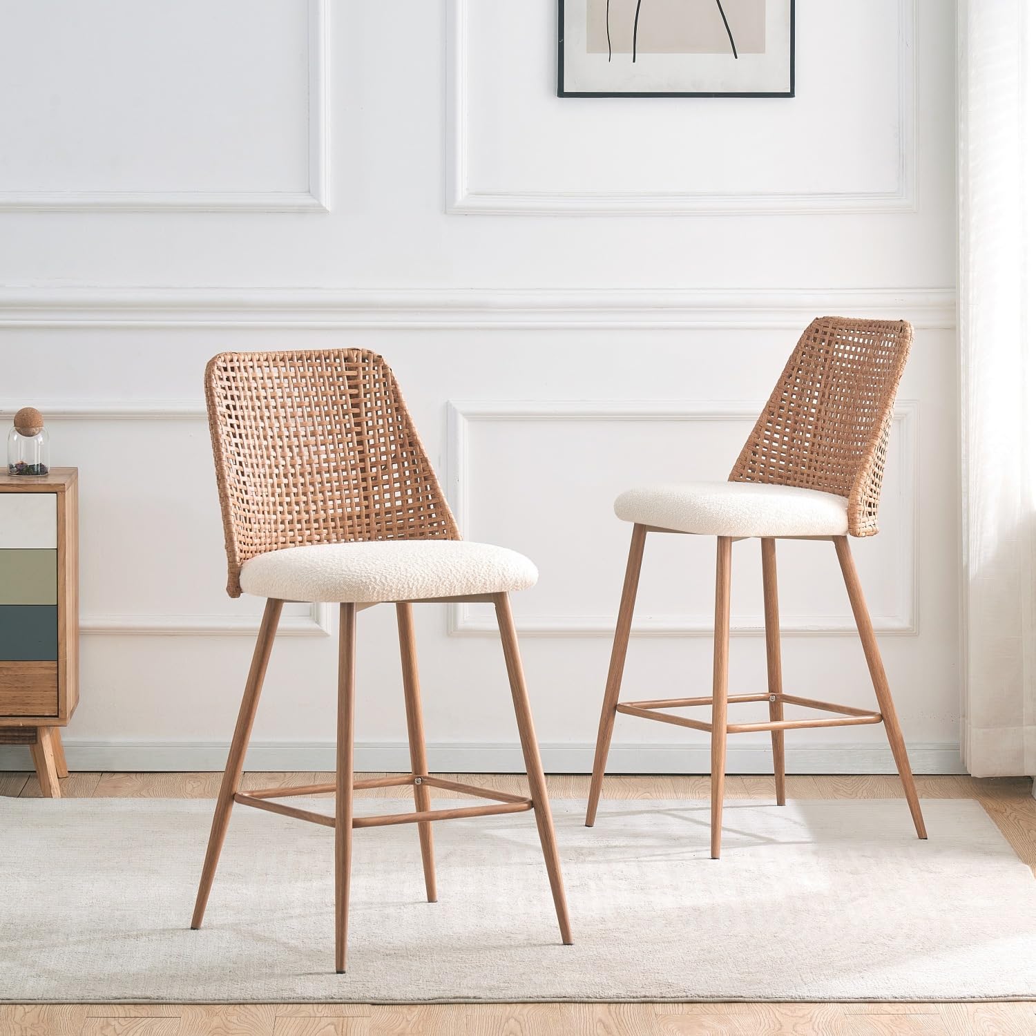 Set of 2 Rattan Counter Height Bar Stools – 26" Upholstered Boucle Barstools, White, Armless Bar Chairs for Kitchen Island