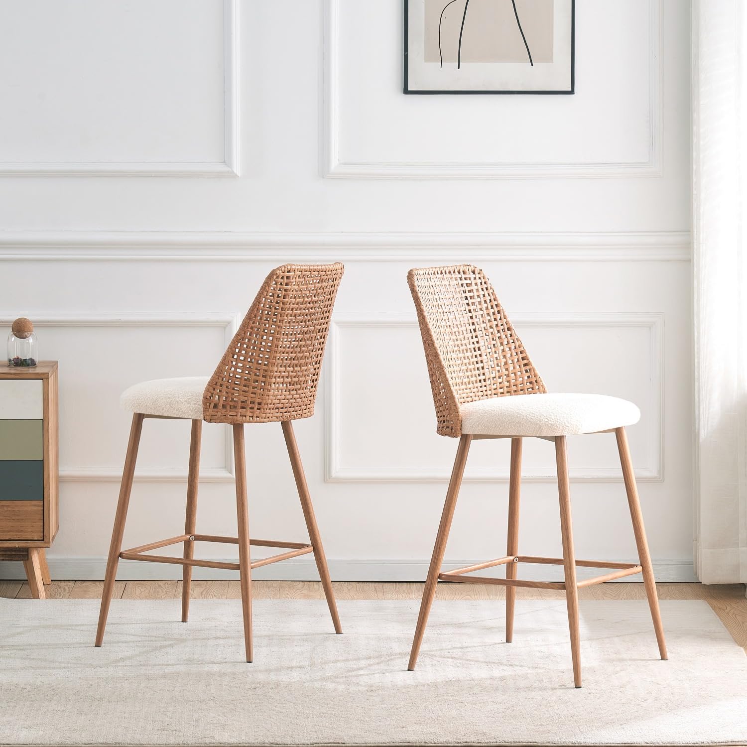 Set of 2 Rattan Counter Height Bar Stools – 26" Upholstered Boucle Barstools, White, Armless Bar Chairs for Kitchen Island