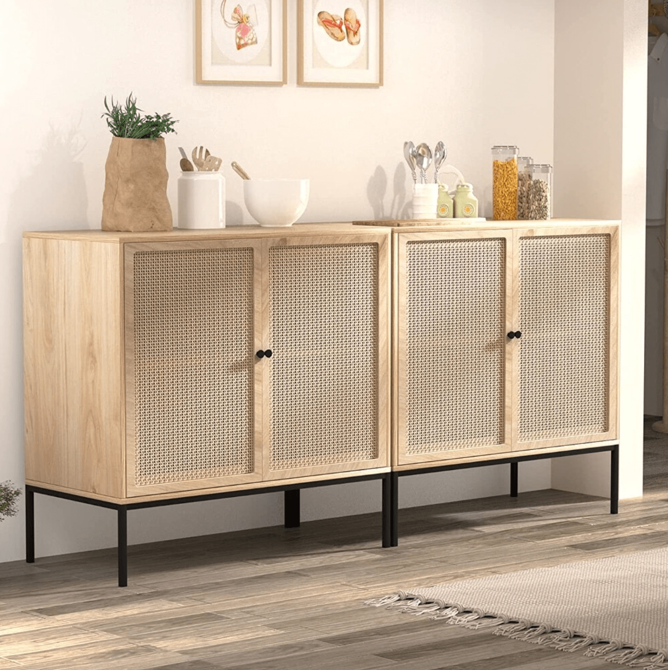 Set of 2 Sideboard Storage Cabinet with Handmade Natural Rattan Doors, Accent Cabinet Rattan Cabinet Buffet Cabinet with Storage, for Living Room, Dining Room, Entryway, Kitchen, Nature 2