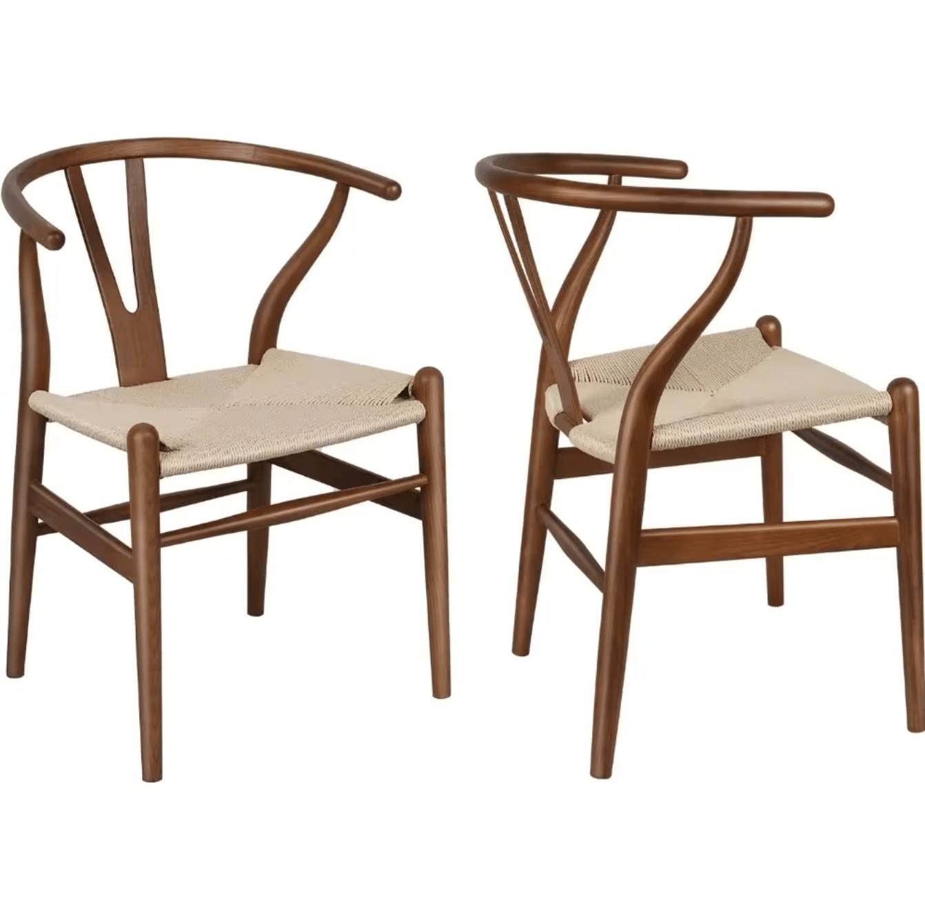 Set of 2 Weave Modern Solid Wood Dining Chairs, Walnut, Mid-Century Y Shaped Backrest