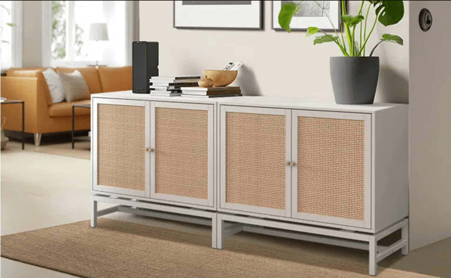 Set of 2 White Buffet Sideboard with Natural Rattan Doors -Accent Storage Cabinet Console Tables for Living Room Entryway