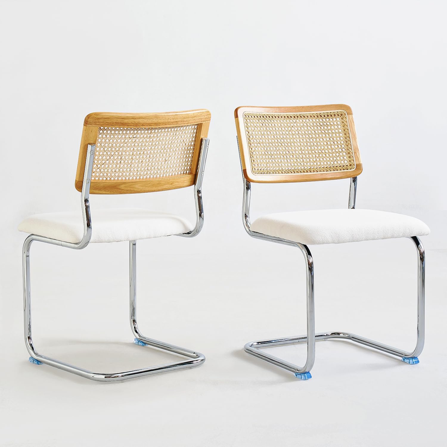 Set of 2 White Rattan Mid-Century Modern Dining Chairs with Metal Chrome Legs