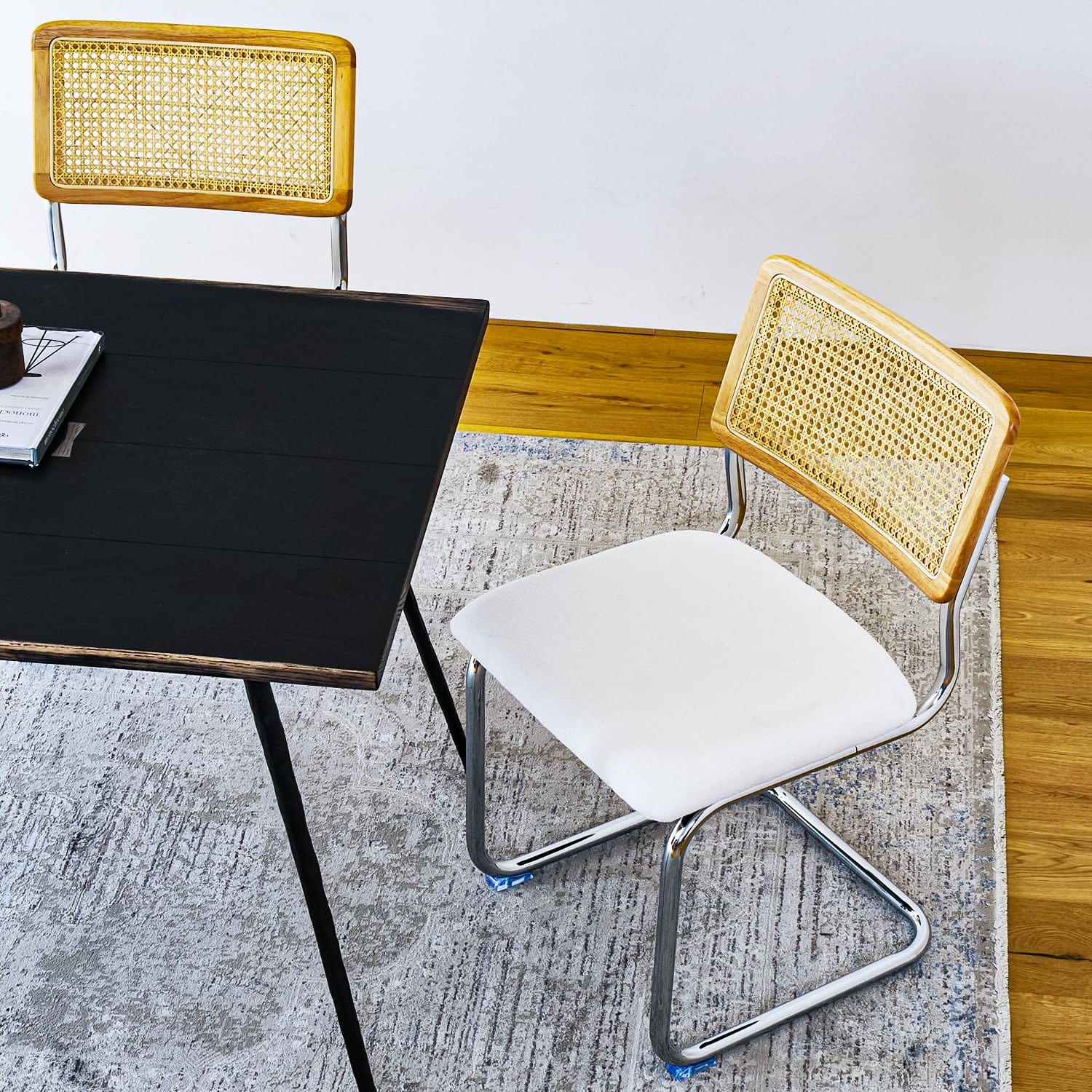 Set of 2 White Rattan Mid-Century Modern Dining Chairs with Metal Chrome Legs