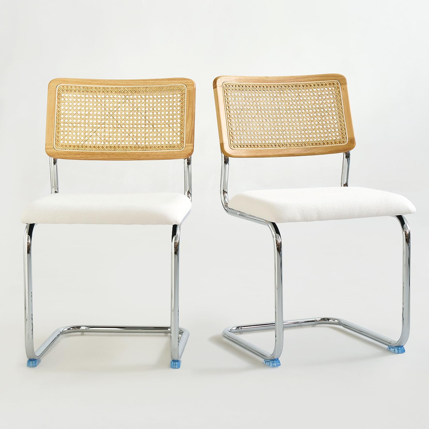 Set of 2 White Rattan Mid-Century Modern Dining Chairs with Metal Chrome Legs