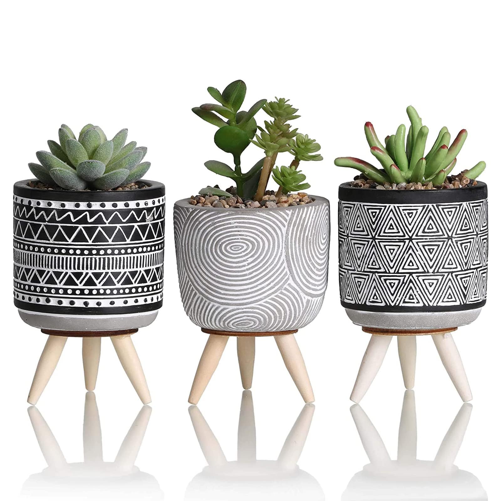 Set of 3 Artificial Plants in Geometric Ceramic Planters – Modern Black and White Decor with Wooden Stands