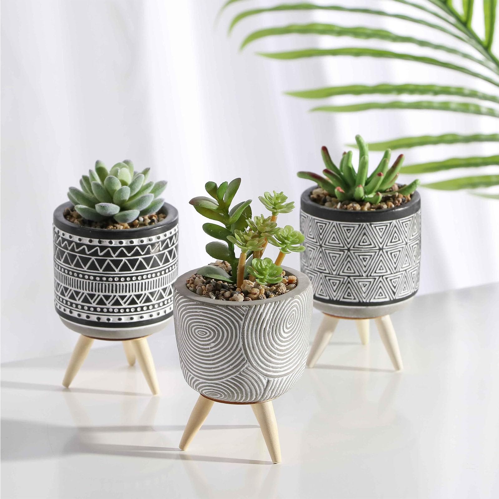 Set of 3 Artificial Plants in Geometric Ceramic Planters – Modern Black and White Decor with Wooden Stands