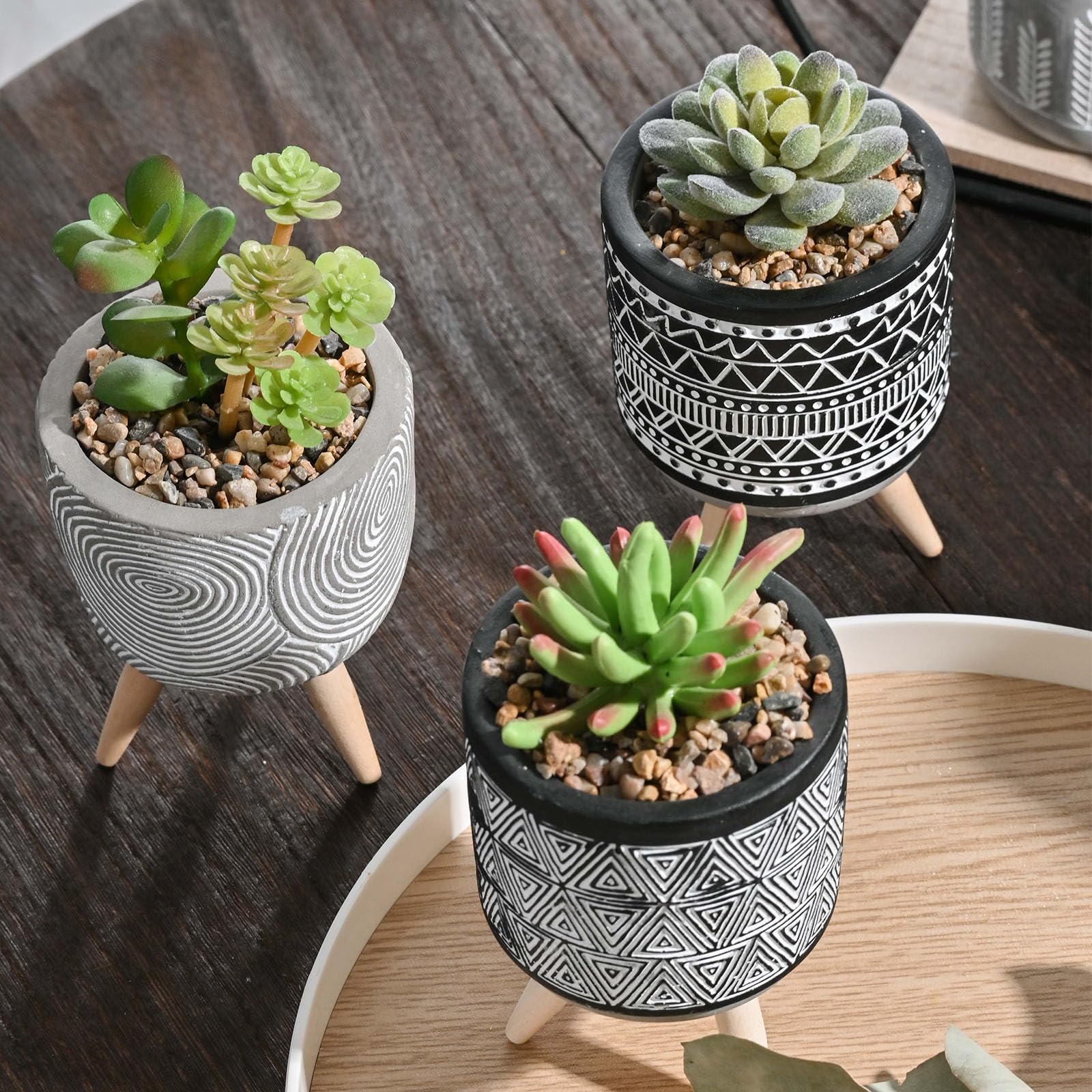 Set of 3 Artificial Plants in Geometric Ceramic Planters – Modern Black and White Decor with Wooden Stands
