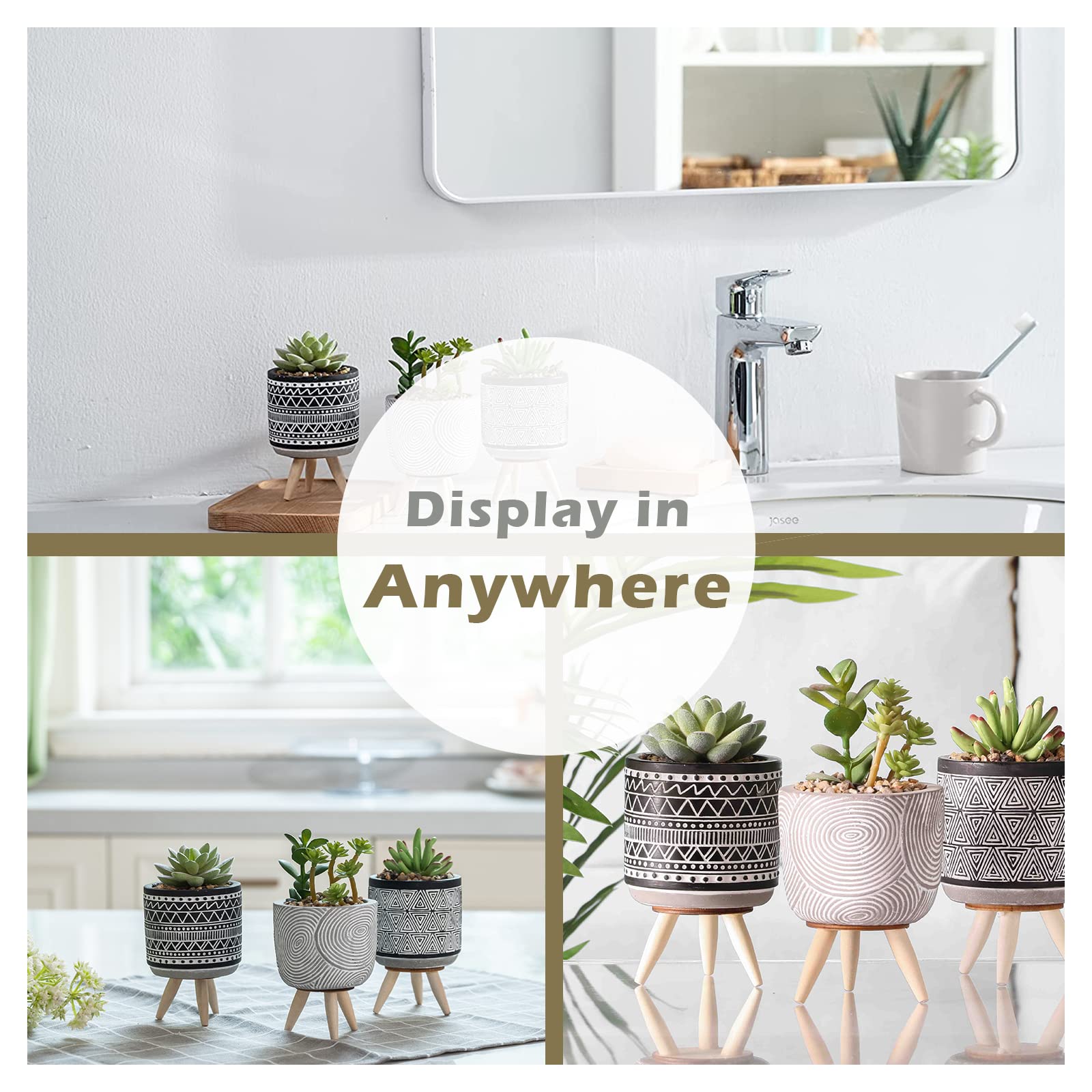 Set of 3 Artificial Plants in Geometric Ceramic Planters – Modern Black and White Decor with Wooden Stands