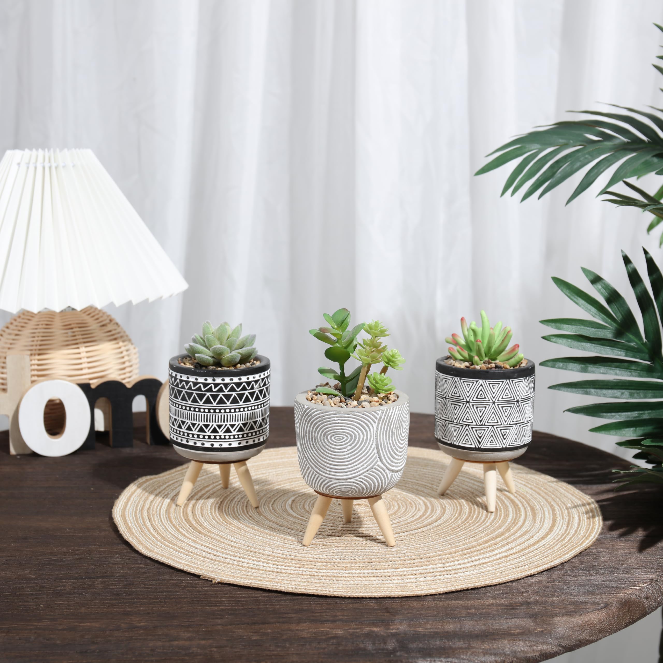 Set of 3 Artificial Plants in Geometric Ceramic Planters – Modern Black and White Decor with Wooden Stands