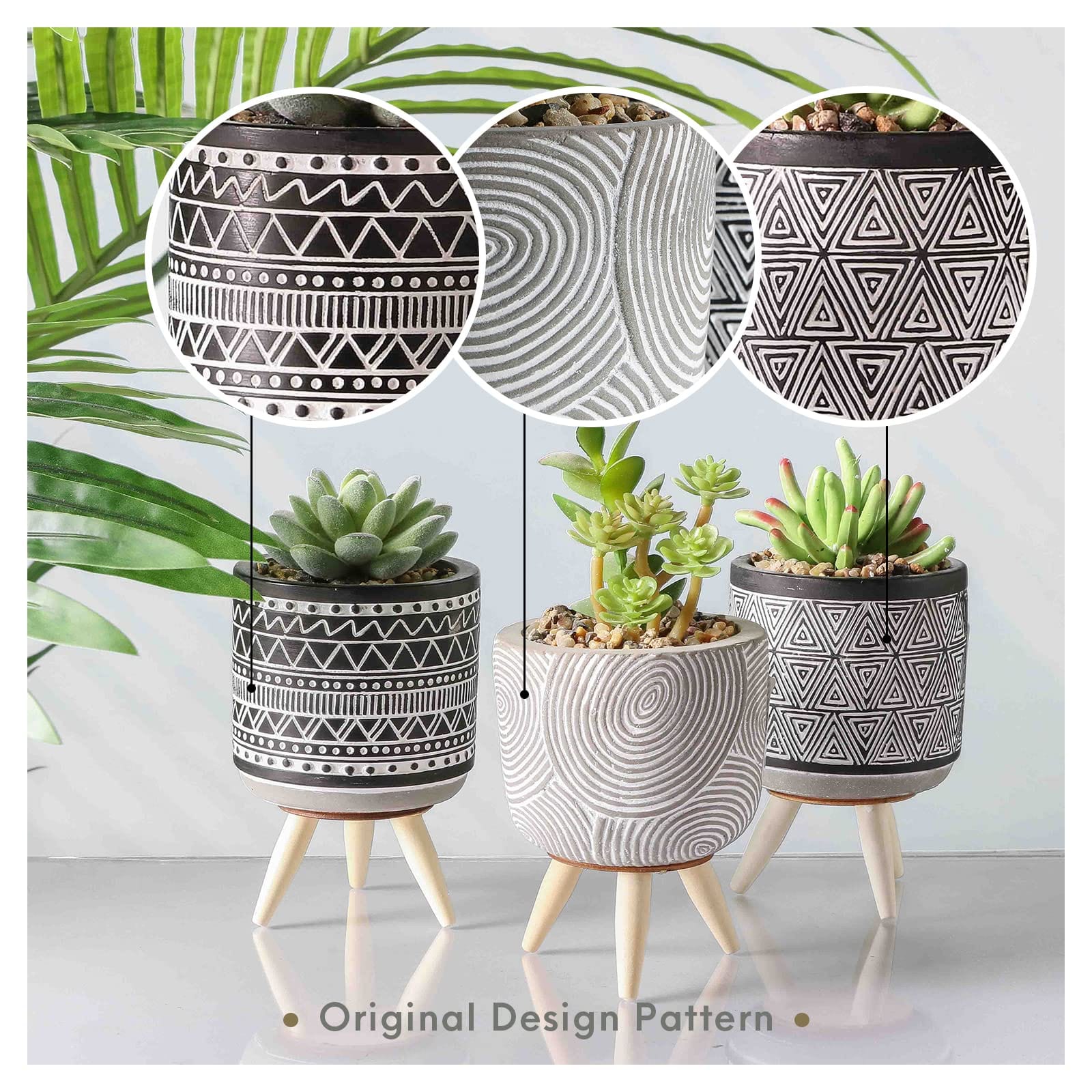 Set of 3 Artificial Plants in Geometric Ceramic Planters – Modern Black and White Decor with Wooden Stands