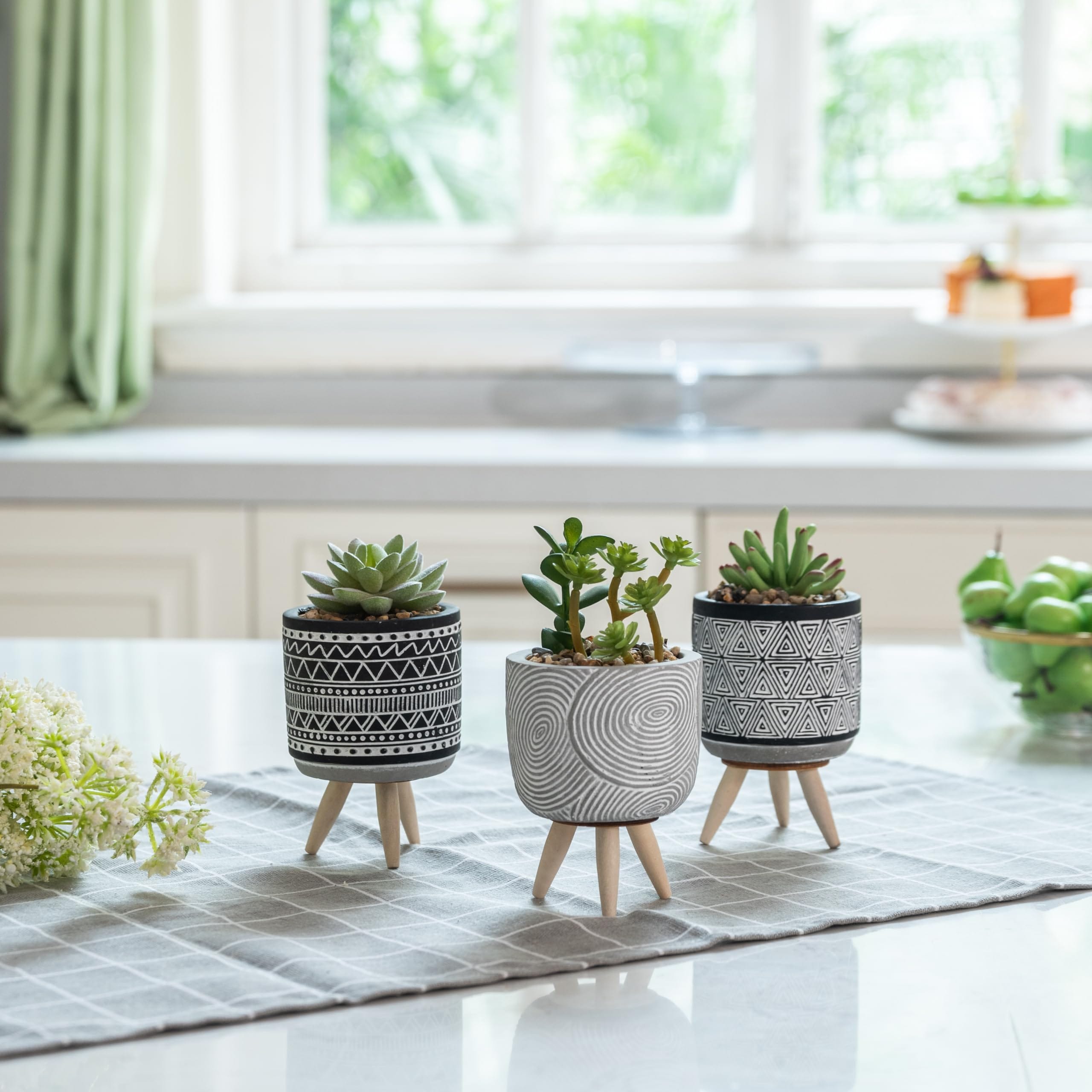 Set of 3 Artificial Plants in Geometric Ceramic Planters – Modern Black and White Decor with Wooden Stands