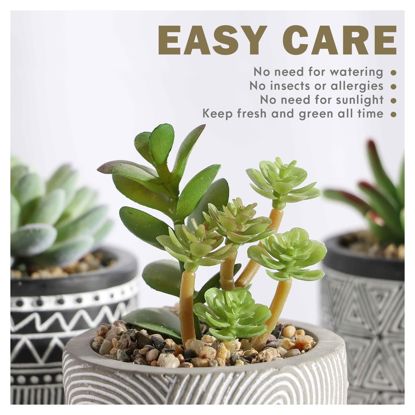 Set of 3 Artificial Plants in Geometric Ceramic Planters – Modern Black and White Decor with Wooden Stands