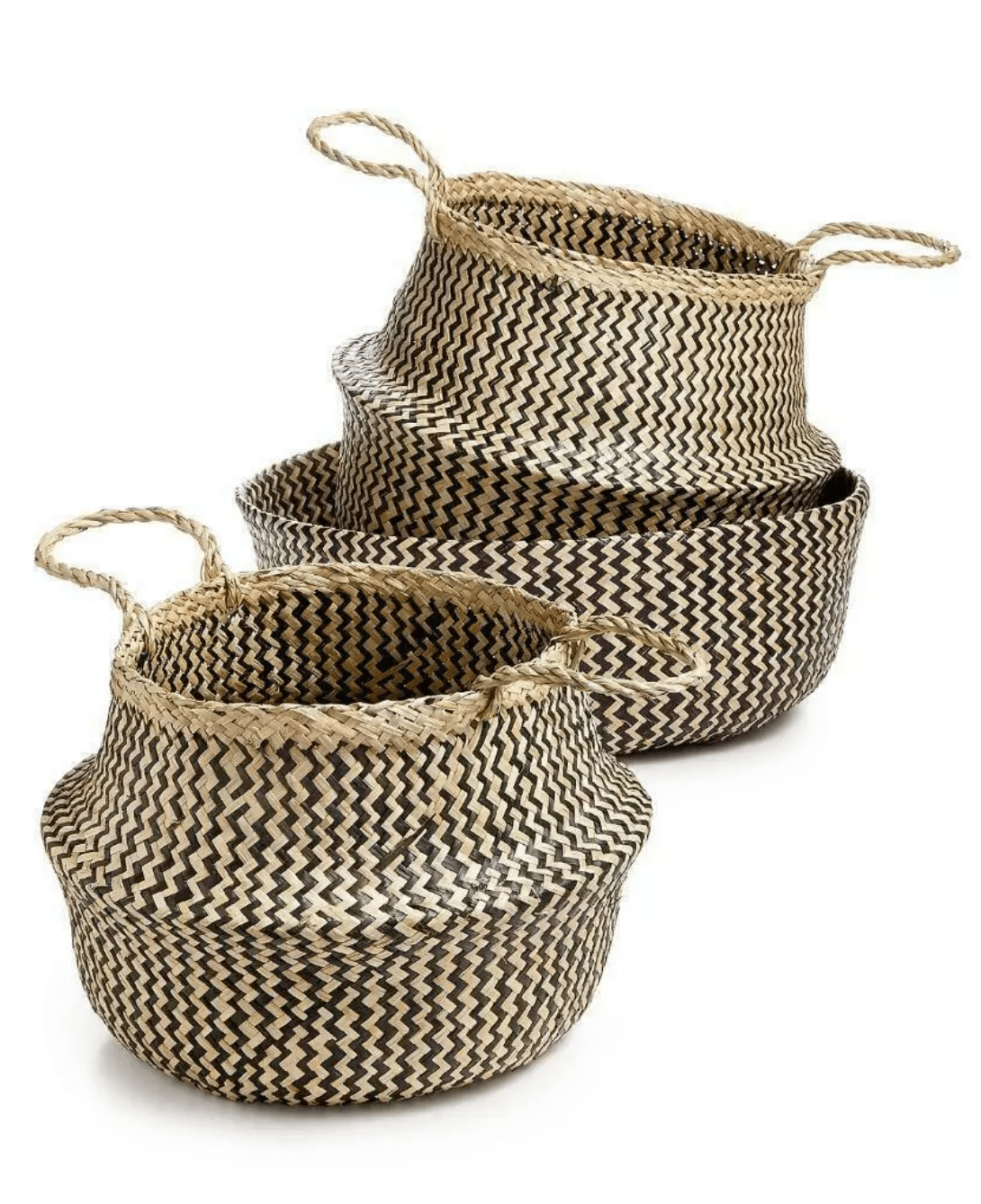 Set of 3 Handwoven Seagrass Storage Basket - Stunning Black Zigzag Design - Multipurpose Organizer