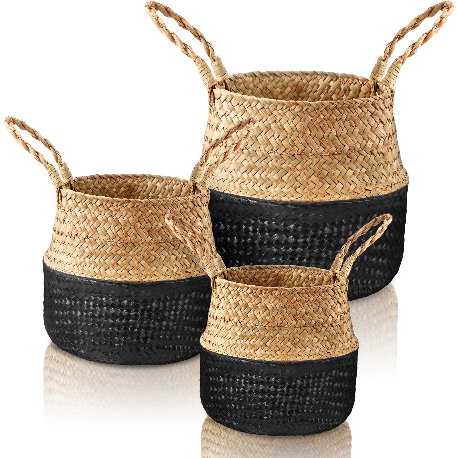 Set of 3 Seagrass Belly Storage Baskets – Woven Plant Pot Holders with Handles (Black)