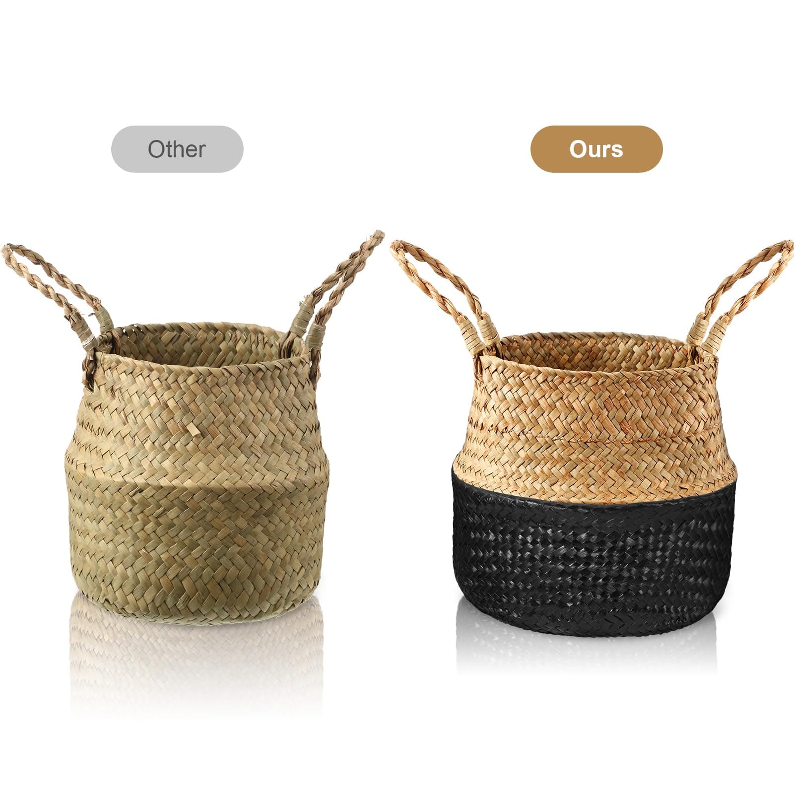 Set of 3 Seagrass Belly Storage Baskets – Woven Plant Pot Holders with Handles (Black)