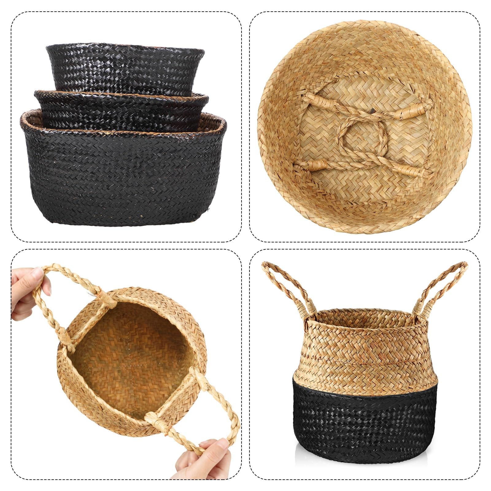 Set of 3 Seagrass Belly Storage Baskets – Woven Plant Pot Holders with Handles (Black)