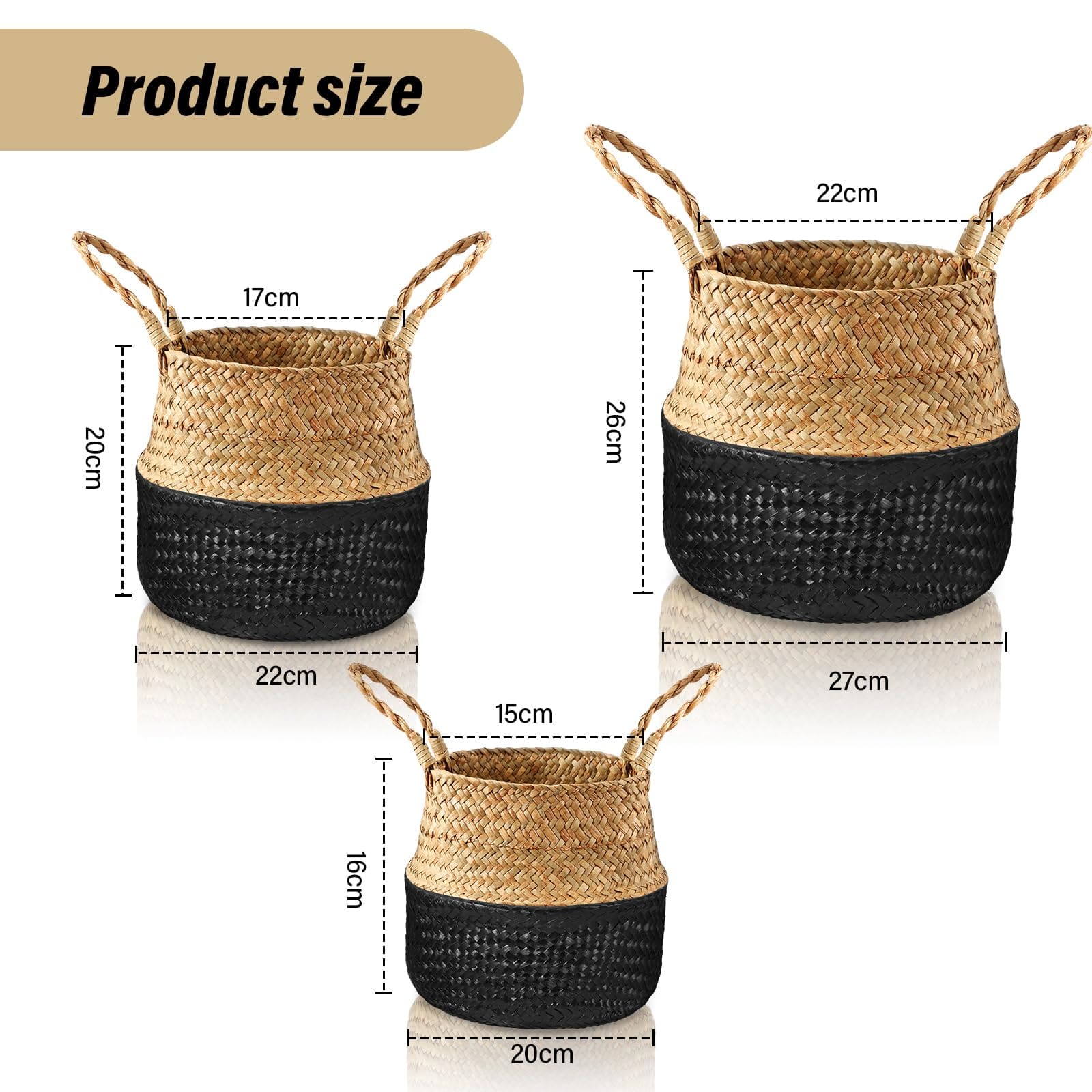 Set of 3 Seagrass Belly Storage Baskets – Woven Plant Pot Holders with Handles (Black)