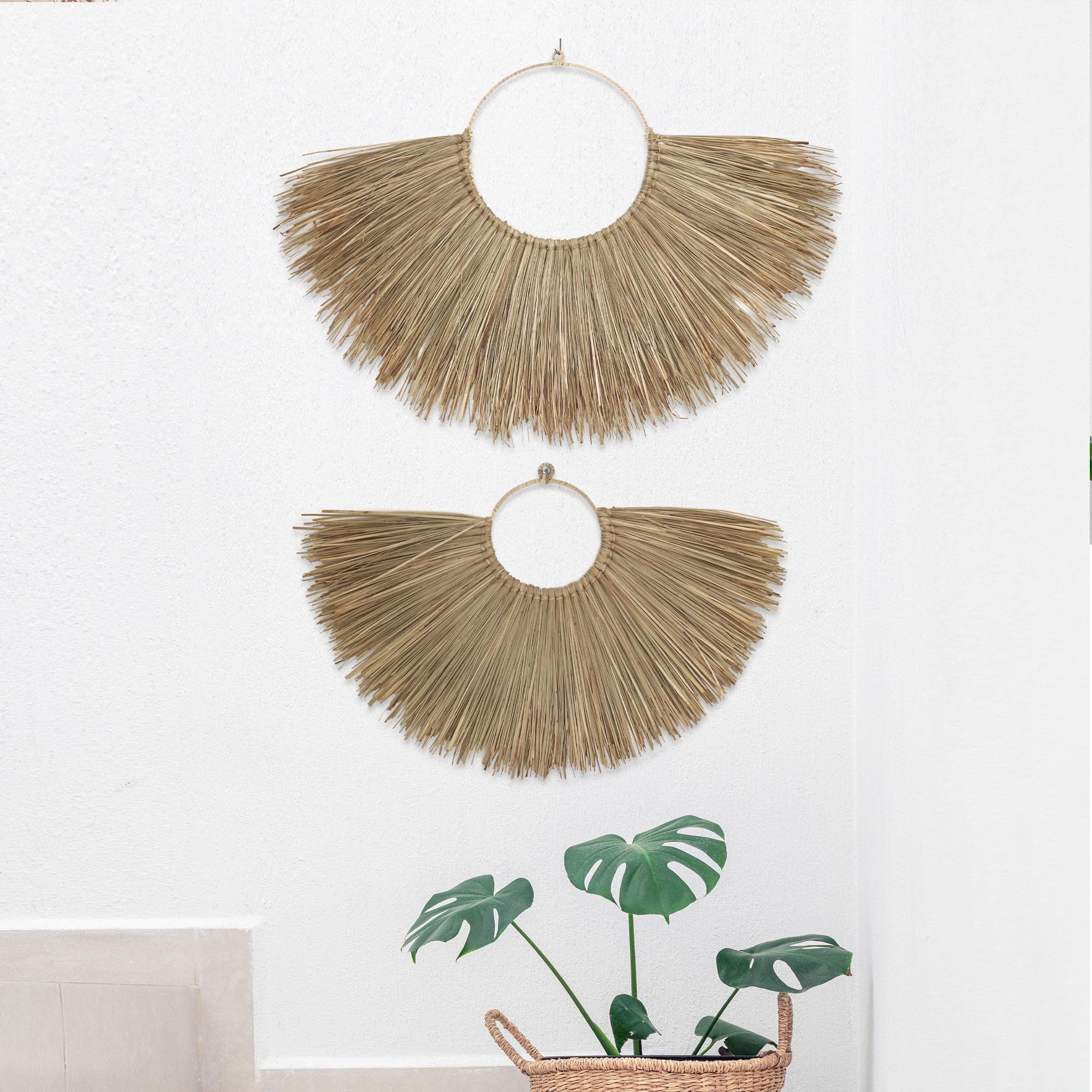 Set of 3 Seagrass Wicker Wall Decor Rustic Fan Wall Hangings - Boho Woven Basket Wall Art for Home Decoration